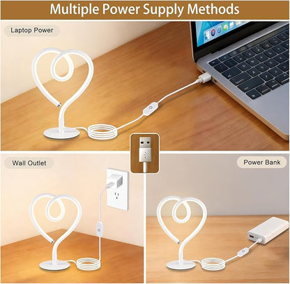 White Table Lamp – 3CCT 2700K 4000K 6500K Stepless Dimmable Heart Lamp, Touch Control Aluminum Bedside Table Lamp with USB Adapter, Small Table Lamp for Bedroom,Teen,Room,Girls Room