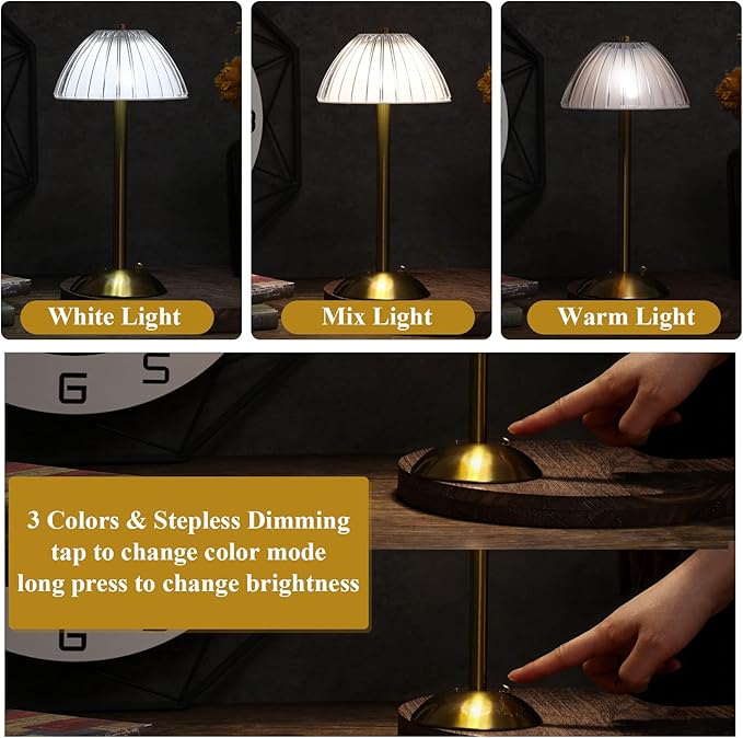 Liliful 1 Pcs Cordless Table Lamp Rechargeable Touch LED Small Gold Portable Battery Operated USB-c Desk Lamp 3 Color Dimmable for Bedroom Living Room Dining (Gold,Mushroom Style)