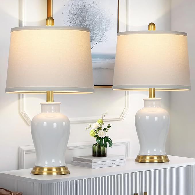 White Ceramic Table Lamps Set of 2, 23" Modern Ceramic Bedside Lamps with Ginger Jar Design, Farmhouse Lamp for Living Room End Table, Elegant Bedroom Lamp for Nightstand Desk Side Home Decor