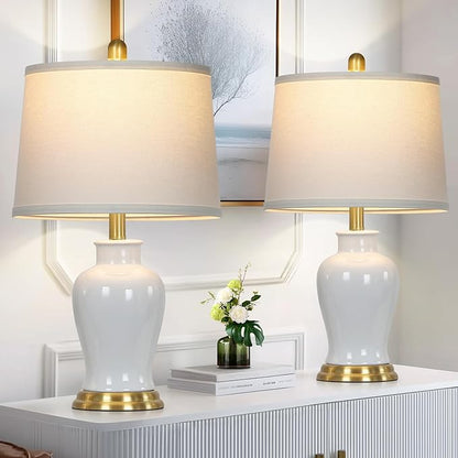 White Ceramic Table Lamps Set of 2, 23" Modern Ceramic Bedside Lamps with Ginger Jar Design, Farmhouse Lamp for Living Room End Table, Elegant Bedroom Lamp for Nightstand Desk Side Home Decor