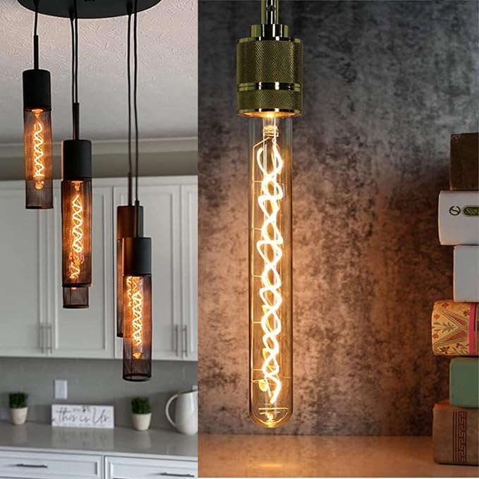 Leools Vintage LED Spiral Filament Bulb T10, 8.9inch Long Tubular Dimmable Edison Light Bulbs,E26 Base,Amber Glass,Warm White,2200K, 400LM(40W Equivalent), Pack of 4