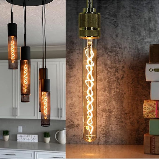 Leools Vintage LED Spiral Filament Bulb T10, 8.9inch Long Tubular Dimmable Edison Light Bulbs,E26 Base,Amber Glass,Warm White,2200K, 400LM(40W Equivalent), Pack of 4