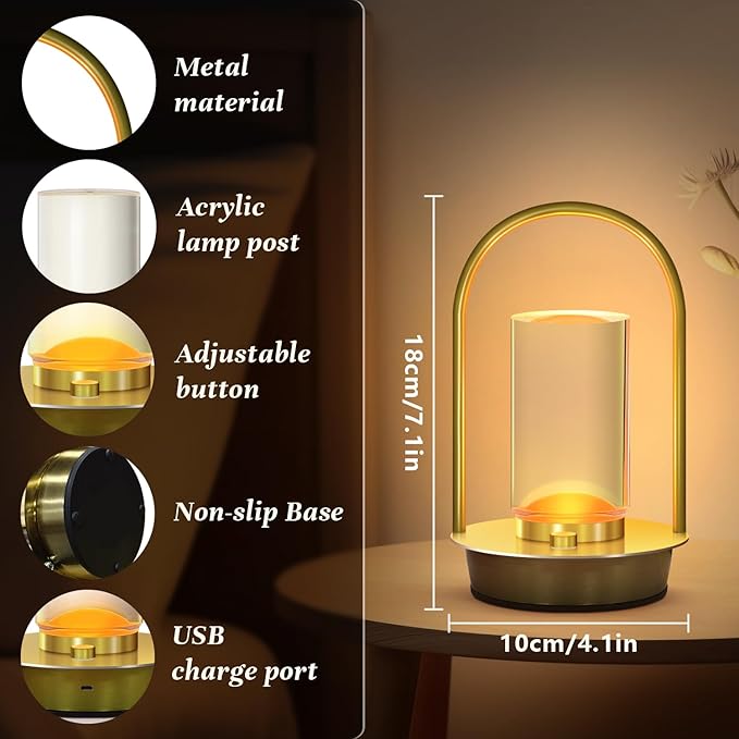 Portable Metal Table Lamp for Outdoor Indoor 3 Colors Cordless Table Lamp Rechargeable Dimmable Battery Powered Small Desk Lamps Crystal Lantern Lamps for Patio Bedroom Restaurant Bar Camping(Gold)
