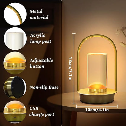 Portable Metal Table Lamp for Outdoor Indoor 3 Colors Cordless Table Lamp Rechargeable Dimmable Battery Powered Small Desk Lamps Crystal Lantern Lamps for Patio Bedroom Restaurant Bar Camping(Gold)