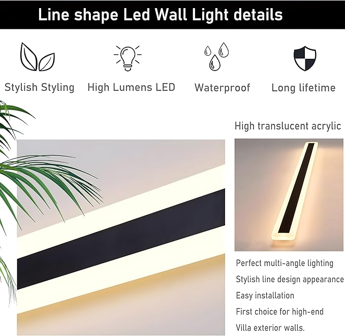 2Pack 71inch Long Outdoor Modern LED Wall Light,55W Waterproof IP65 Warm White 110V led Wall Mount Lighting Fixture Rectangular Black Wall Lights Elegant Frosted White Acrylic Anti Rust.