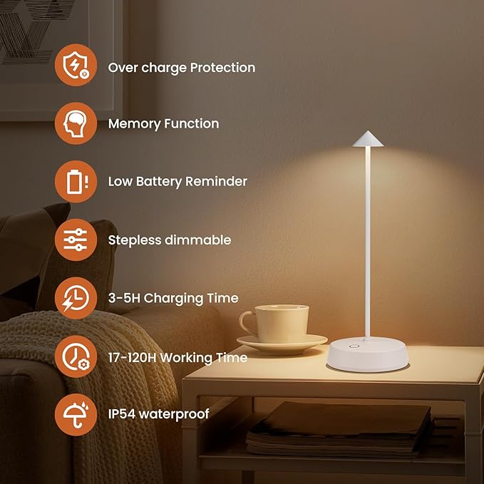 Cordless Table Lamp Rechargeable, Battery Operated 6000mAh Desk Lamp Touch Dimmable Lamp Outdoor Waterproof Portable Wireless Table Light, Small Table Lamp for Restaurant Bar/Outdoor(White-2PC)