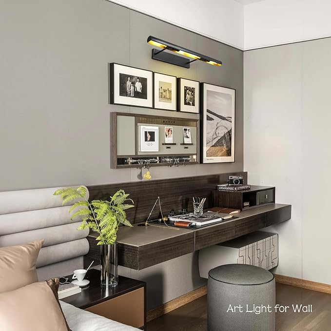 Matte Black Picture Lights for Wall, 24" Art Light Hardwired, 3-Light Bronze Gallery Light, Warm White 2700k Dimmable Picture Frame Lights, 270° Vanity Light for Bathroom, Living Room, Hallway