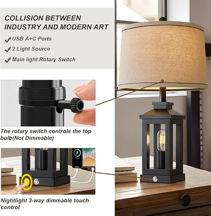 23.75" Retro Farmhouse Black Table Lamp for Living Room Bedroom Nightstand Single Pack Touch Control Bedside Nightlight Vintage Modern Lamp with USB C+A Ports and 2 Light Sources