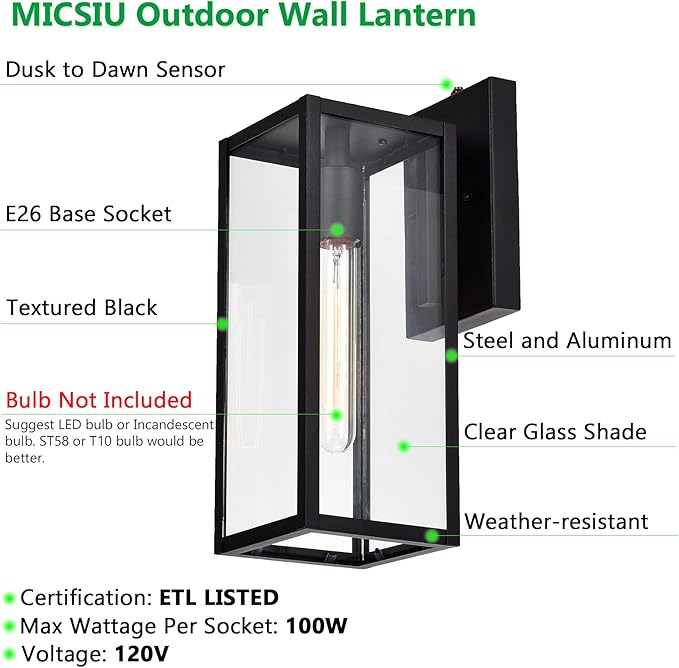 MICSIU Dusk to Dawn Outdoor Wall Sconce 2 Pack, 14.5 Inch Black Exterior Wall Mount Light Fixtures, Farmhouse Outside Lights for House, Garage, Porch, Patio, Yard, Hallway