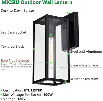 MICSIU Dusk to Dawn Outdoor Wall Sconce 2 Pack, 14.5 Inch Black Exterior Wall Mount Light Fixtures, Farmhouse Outside Lights for House, Garage, Porch, Patio, Yard, Hallway