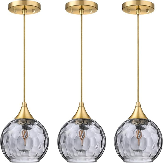 Doraimi Lighting 6.25" Gray Glass Pendant Light 3 Pack Pendant Ceiling Light Fixtures Gold Finish Modern Farmhouse Dinning Over Sink Adjustable Height Cord