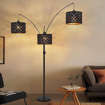 Dimmable Floor Lamp-3 Lights Arc Floor Lamps for Living Room,Modern Tall Standing Lamp with Black Drum Shades,Gothic Mid Century Tree Floor Lamp for Bedroom Corner,3x1000LM LED Bulbs Included