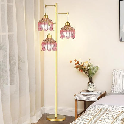 Pink Floor Lamp for Living Room,Bedroom,Gold Mid Century Modern Standing Lamp Brass Tree 3 Light Tall Floor Lamps Vintage Retro Floor Lights Glass Flower Lamp Shade Girls Kids Boho Bohemian