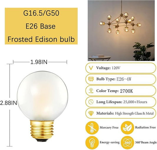 Dimmable E26 Edison Bulb G16.5 Frosted LED Bulb 4W Equal 40 watt Light Bulb, Warm 2700K,400LM AC120V, 40W Globe Light Bulb for Ceiling Fans, Chandeliers, Vanity, 6Pack (4W-2700K)