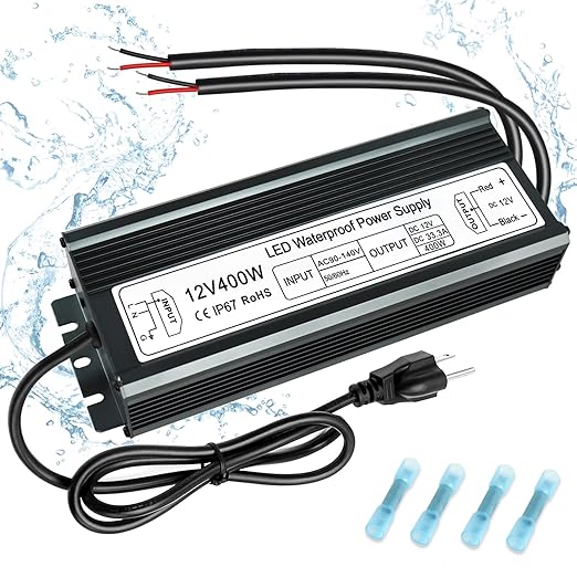 inShareplus 400W 12V Power Supply, AC 90-140V to DC 12 Volt 33.3A LED Driver, IP67 Waterproof Outdoor Low Voltage Transformer with Standard 3-Prong Plug for LED Light and Other 12V Products