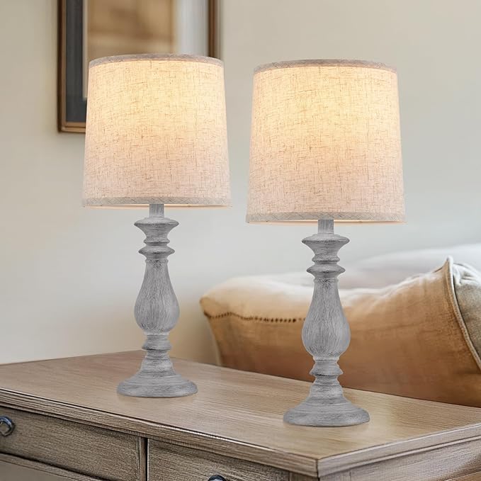 Lamps Set of 2 Vintage Rustic Farmhouse Table Lamps Bedside Reading Lamp Bedroom Nightstand Living Room Teapoy Lamp, Desk Light, 22 Inch High,Light Grey, with Fabric Shade, Bulb Not Included