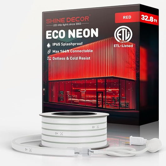Shine Decor LED Rope Lights AC 120V, Connectable & Cuttable Dotless 120LEDs/M Eco Neon Strip Lighting, ETL IP65 Waterproof & Weather-Resistant for Home Commercial, 8x16mm, Red, 32.8FT