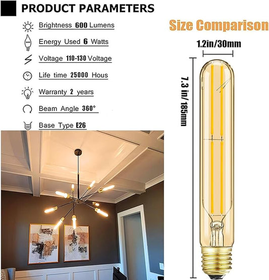 T10 Led Bulb,Dimmable E26 Led Bulbs 6W,E26 Tubular Bulb 60 Watt, 2700K Warm White,7.3in Led Edison Tube Bulb,T10 Amber Glass Cover,4Pack.