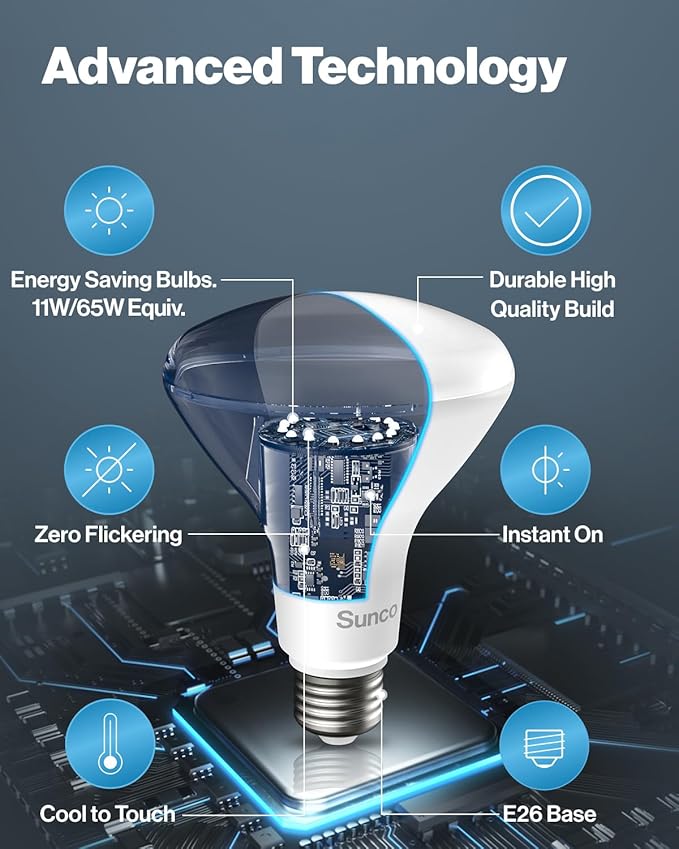 Sunco 96 Pack BR30 Light Bulb LED Recessed Can Light Bulbs, Indoor Flood Lights 850 LM, 11W (65W Equivalent), 5000K Daylight, Dimmable, E26 Base, for Home, Kitchen, Bedroom UL.