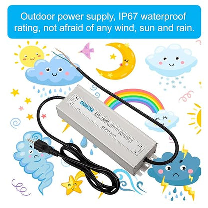 LED Driver 24V150W Waterproof IP67 Power Transformer AC90-130V to DC 24V6.25A Low Voltage Switching Power Supply with 3-pin US Standard Plug for Indoor and Outdoor LED Light Bars