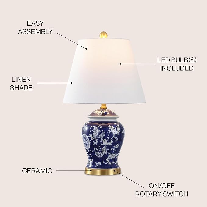 JONATHAN Y JYL3005D 22" French Country Ginger Jar Table Lamp, Navy and White Chinoiserie Ceramic Bedside Lamp for Living Room, Traditional Bedroom Nightstand with White Linen Shade, LED Bulb Included