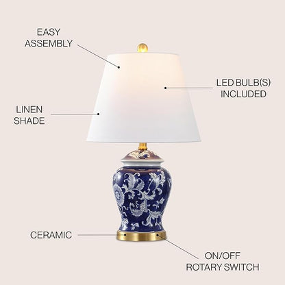 JONATHAN Y JYL3005D 22" French Country Ginger Jar Table Lamp, Navy and White Chinoiserie Ceramic Bedside Lamp for Living Room, Traditional Bedroom Nightstand with White Linen Shade, LED Bulb Included