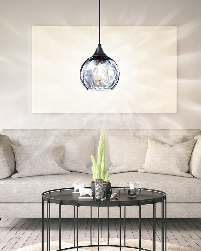 3 Pack 1 Light Hanging Indoor Kitchen Island Pendant Light 6.3" Grey Hammer Glass Pendant Ceiling Light Fixtures Black Finish Modern Farmhouse Dinning Over Sink(Adjustable Height Cord)