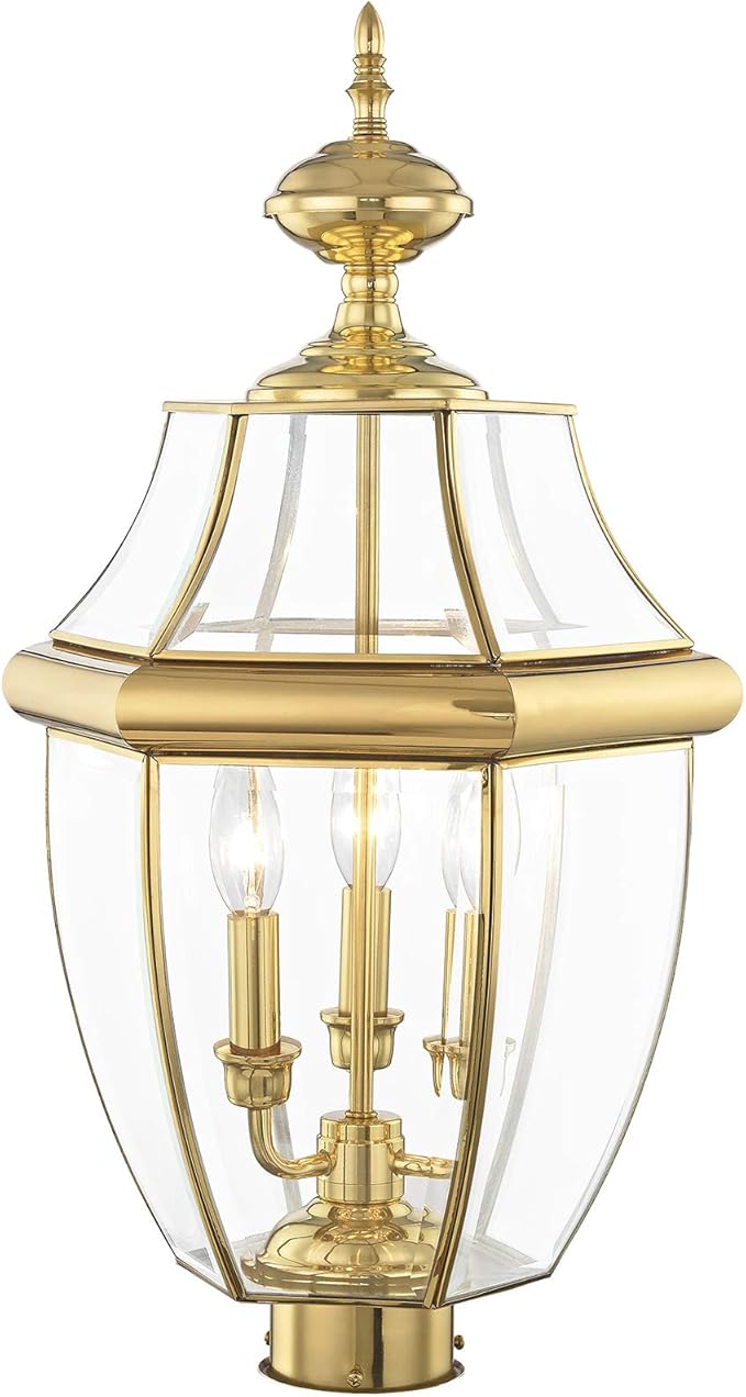 Livex Lighting Lantern 2354-02 Monterey 3 Light Outdoor Polished Brass Finish Solid Brass Post Head with Clear Beveled Glass, 17" x 9" x 11"