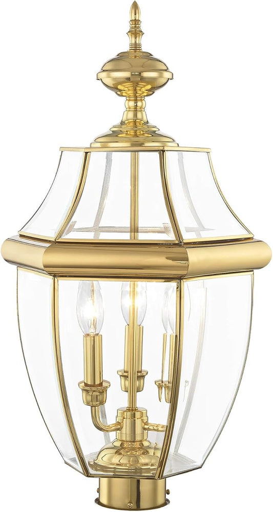 Livex Lighting Lantern 2354-02 Monterey 3 Light Outdoor Polished Brass Finish Solid Brass Post Head with Clear Beveled Glass, 17" x 9" x 11"