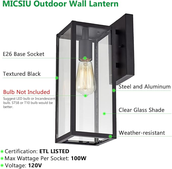 MICSIU Black Outdoor Wall Light Fixture 2 Pack, Clear Glass Exterior Wall Sconce Modern with E26 Base Socket, 13.75 Inch Outside Lights for House, Yard, Shop, Doorway, Pathway, Balcony