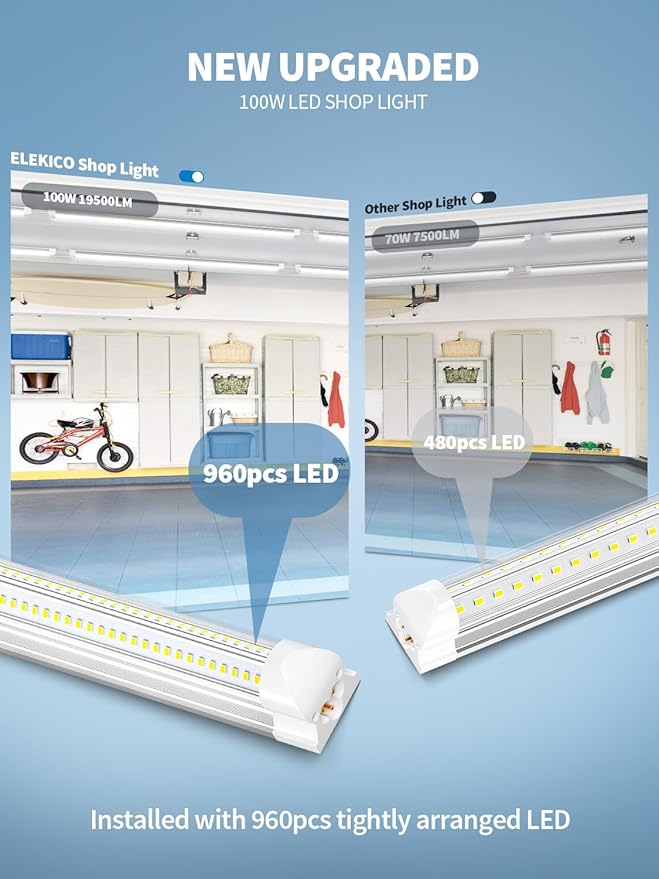 8' Led Shop Lights,Super Bright 19500LM 100W 5000K 8FT Led Shop Light, Linkable 8FT Garage Ceiling Lights for Garage Ceiling Workshop Warehouse