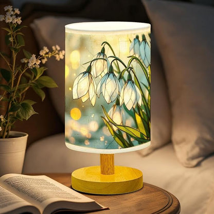 Snowdrop Table Lamp LED 3-Color Pressed Bedside, Snowdrop Shade Lamp with Wood Base for Bedroom Living Room Desk Office TL01