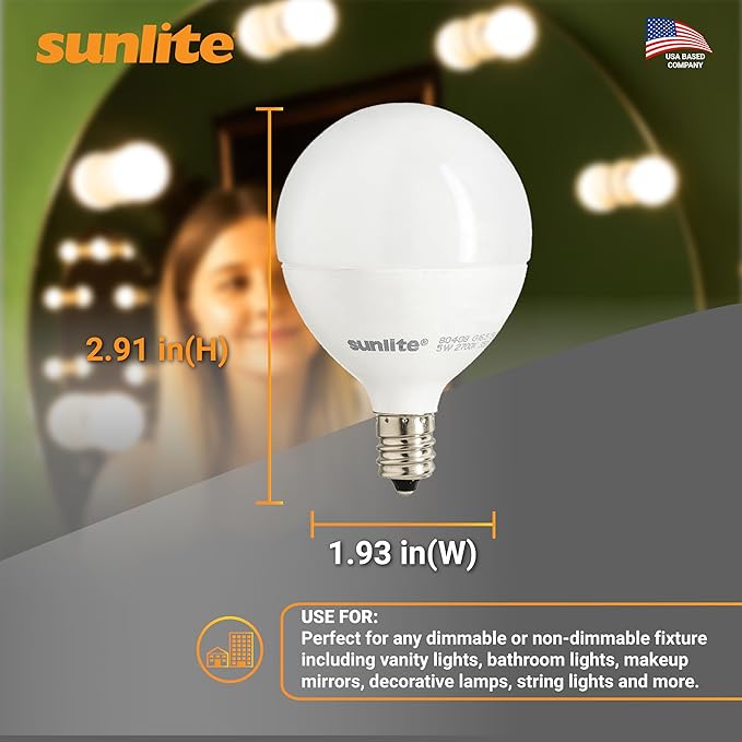 Sunlite G16.5 Light Bulb LED, 5W (40W Equiv.), 350 Lumens, Dimmable, Type G Globe Shape E12 Candelabra Base, Short Bulbs, Vanity Mirror Bulbs, 2700K Soft White, Frosted, 6 Count