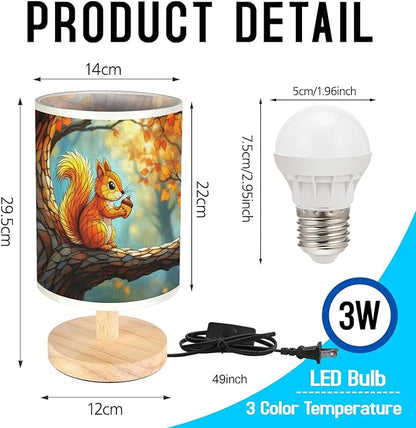 Squirrel Table Lamp LED 3-Color Pressed Bedside, Squirrel Shade Lamp with Wood Base for Bedroom Living Room Desk Office TL01