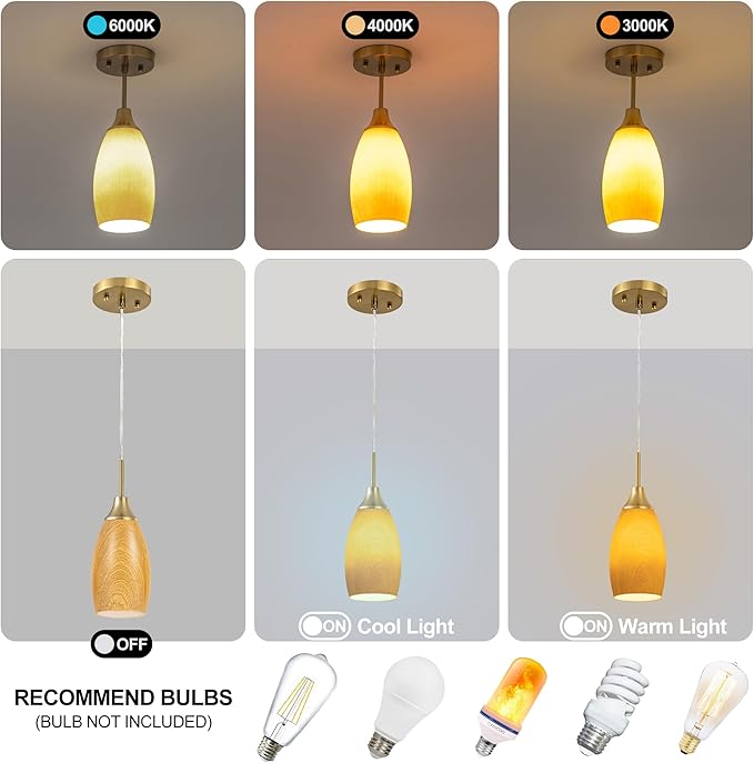 Mini Glass Pendant Light 4.72" Walnut Wood Grain Pendant Lights 1-Pack Handblown Art Oval Glass Hanging Pendant Light for Kitchen Island Dining Room Living Foyer Hallway Entry Brushed Gold