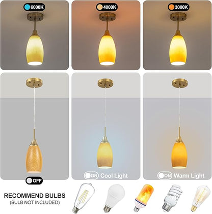 Mini Glass Pendant Light 4.72" Walnut Wood Grain Pendant Lights 3-Pack Handblown Art Oval Glass Hanging Pendant Light for Kitchen Island Dining Room Living Foyer Hallway Entry Brushed Gold