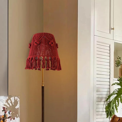Wine Red Boho Woven Lamp Shade Bell Tassels Lampshade 7.5``Top x 12``Bottom x 11``High(Spider) Medium Handmade Lamp Shades for Table & Bedside Lamp - Easy Assemble