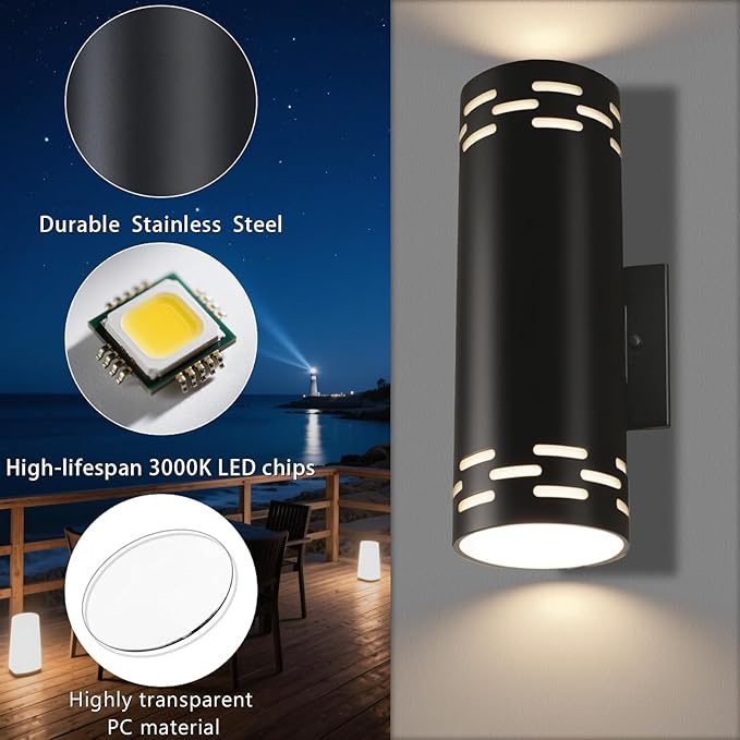 Modern Outdoor Wall Lights,Stainless Steel, 23W 3000K Integrated LED Cylinder Up Down Wall Sconce Porch Lighting IP65 Waterproof Patio Wall Light Fixture for House Porch Entryway
