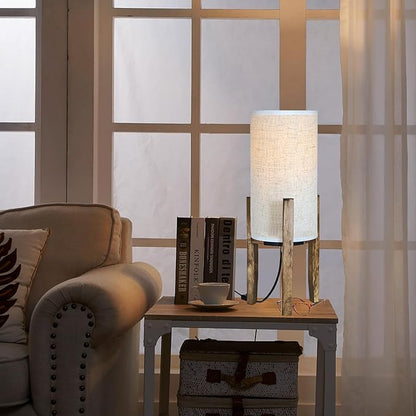 Bedside Table Lamp for Bedroom, Nightstand Wood Lamp with Cream Linen Shade, Modern Accent Desk Light 17.5" H for Living Room, Nursery