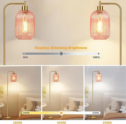 Pink Floor Lamp for Living Room,Bedroom,Gold Dimmable Standing Lamp with Remote,Mid Century Modern Brass Tall Lamp Retro Vintage Glass Lamp Floor Light Boho Bohemian