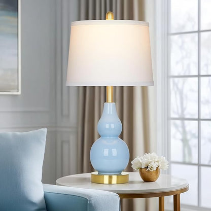 25" Modern Ceramic Table Lamps Set of 2, Blue Double Gourd Ceramic Lamps for Living Room, Coastal Farmhouse Rustic Bedside Nightstand Nautical Lamps for Bedrooms Home Office Dorm(2 LED Bulbs Included)