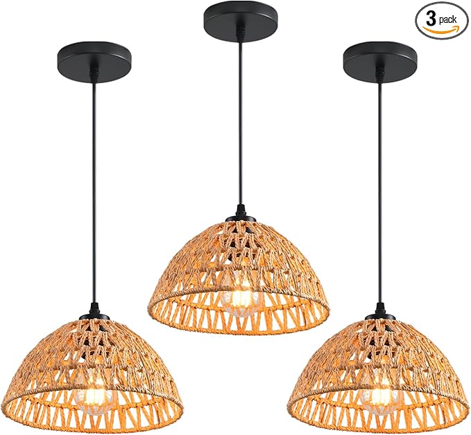 3 Pack Woven Pendant Light Fixtures,10.2" Brown Rattan Pendant Lights Farmhouse Basket Light Fixture Adjustable Boho Hanging Lamp for Kitchen Island Bedroom Dining Room Foyer Hallway