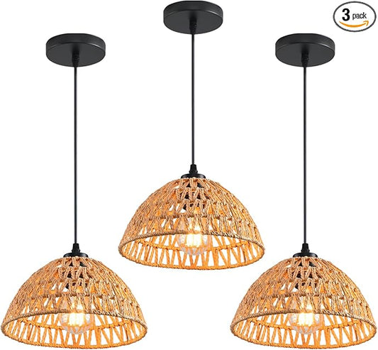3 Pack Woven Pendant Light Fixtures,10.2" Brown Rattan Pendant Lights Farmhouse Basket Light Fixture Adjustable Boho Hanging Lamp for Kitchen Island Bedroom Dining Room Foyer Hallway