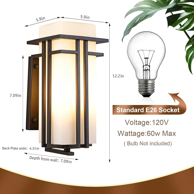 Outdoor Porch Light Wall Mounted Waterproof Wall Lantern Exterior Light Fixture for Entryways Yards Garage Front Porch, Square Metal Frame with Frosted Glass, Black