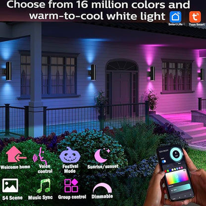 Exterior Double Up Down Outdoor Wall Lights,Mi.Light Remote Control RGB Color Changing 1000lm Warm White 3000k RGBW Cylinder Outdoor Wall Light,Smart LED Exterior Lighting (4 Pack)