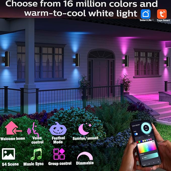Exterior Double Up Down Outdoor Wall Lights,Mi.Light Remote Control RGB Color Changing 1000lm Warm White 3000k RGBW Cylinder Outdoor Wall Light,Smart LED Exterior Lighting (2 Pack)