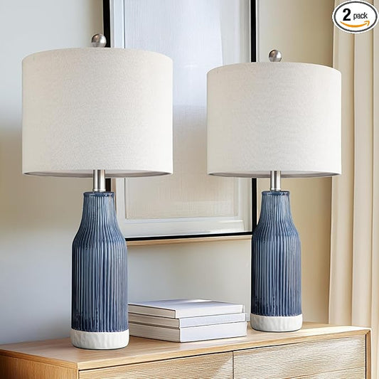 23.75" Modern Blue Ceramic Table Lamp Set of 2 for Living Room, Farmhouse Bedside Nightstand Lamp for Bedroom Home Office Dorm