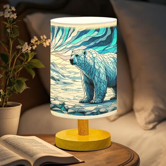 Polar Bear Table Lamp LED 3-Color Pressed Bedside, Polar Bear Shade Lamp with Wood Base for Bedroom Living Room Desk Office TL01