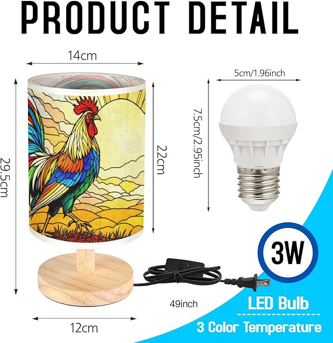 Rooster Table Lamp LED 3-Color Pressed Bedside, Rooster Shade Lamp with Wood Base for Bedroom Living Room Desk Office TL01