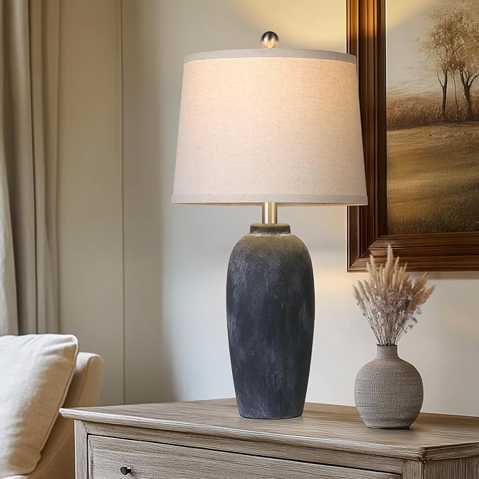 25“ Jar Table Lamps Set of 2, Ceramic Bedside Lamps for Bedroom, Black Farmhouse Nightstand Lamps for Living Room